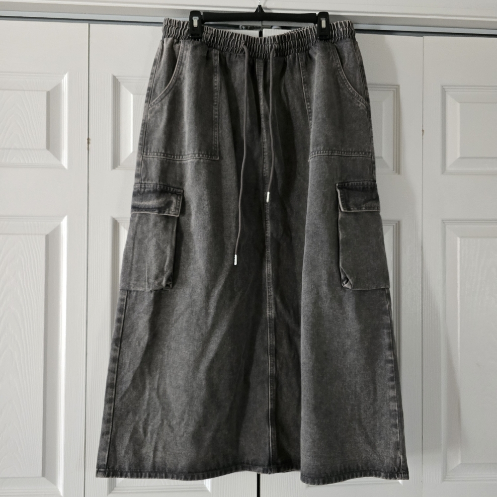 SHEIN Women's Cotton Grey Wash Denim Maxi Cargo Skirt Size 1XL
